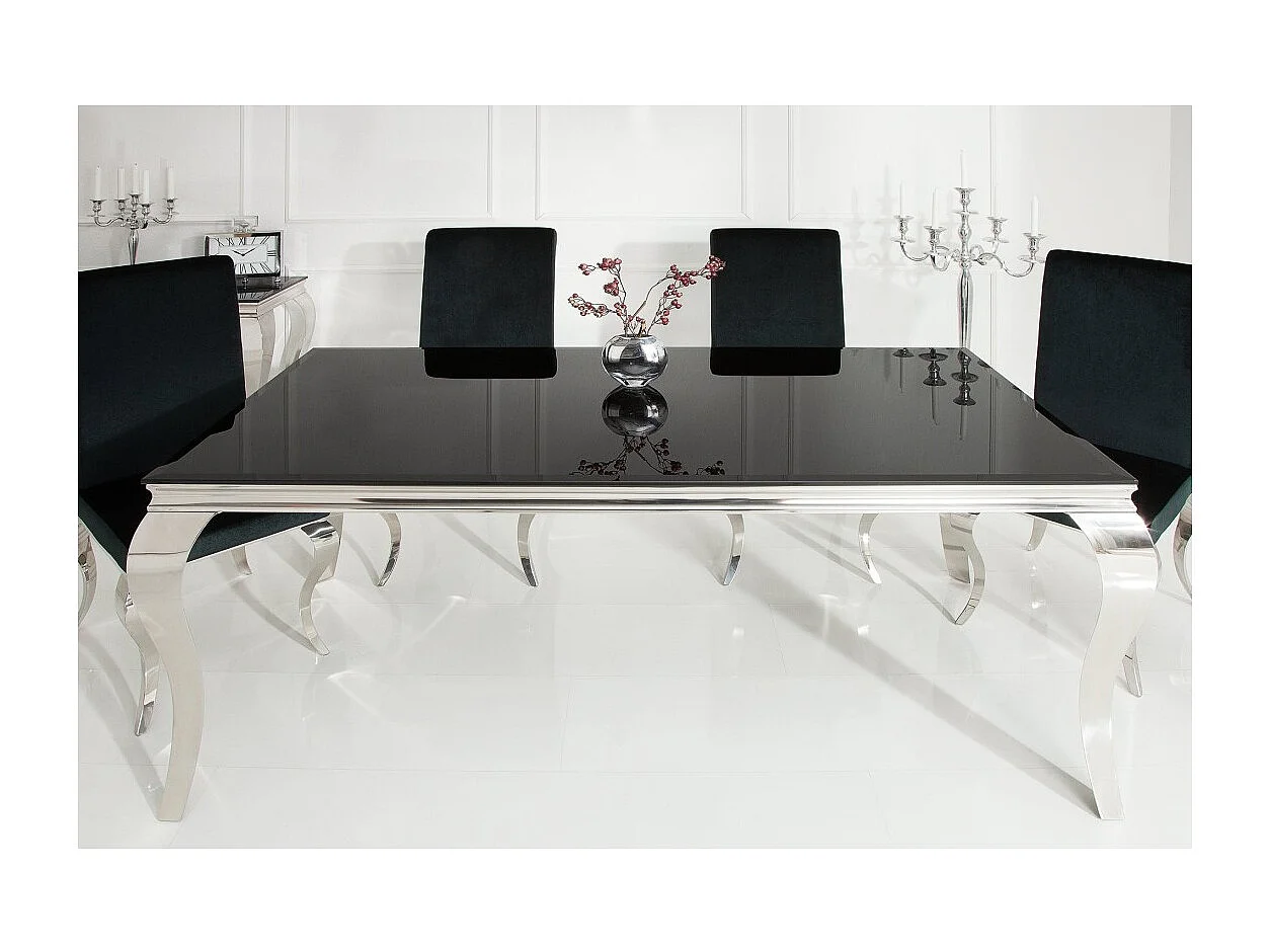 Table de salle à manger VELENA – Acier poli et verre noir – 200 cm – Style baroque moderne