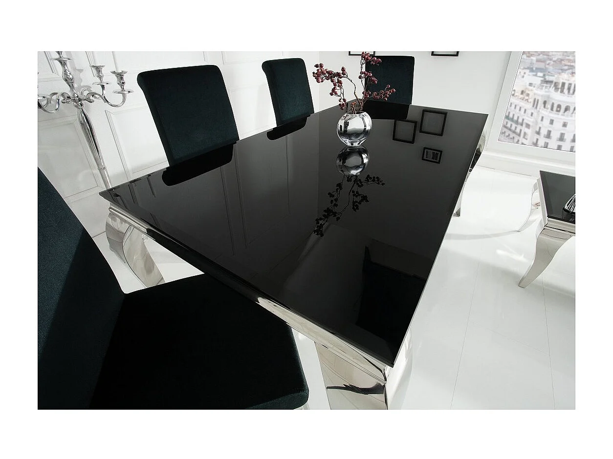 Table de salle à manger VELENA – Acier poli et verre noir – 200 cm – Style baroque moderne