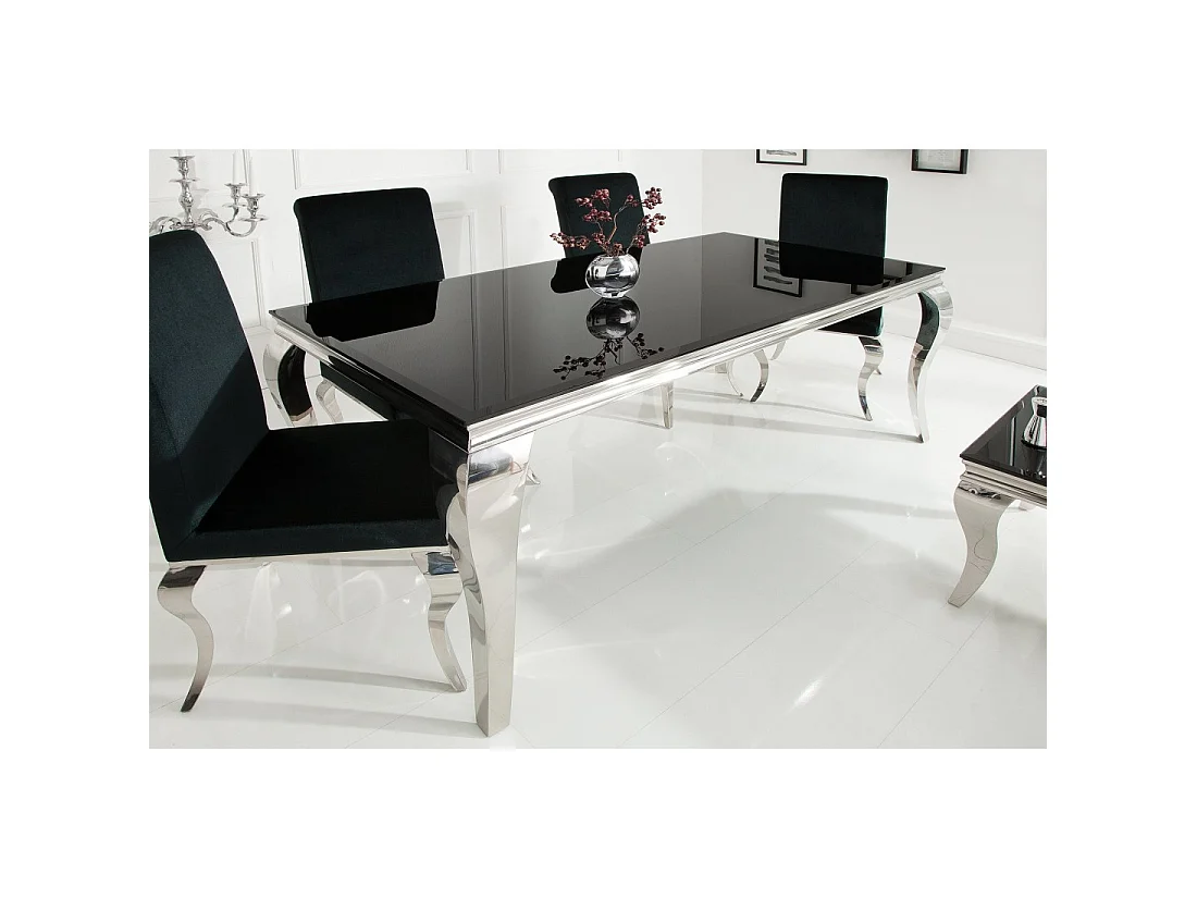 Eettafel VELENA - Gepolijst staal en zwart glas - 200 cm - Moderne barokstijl