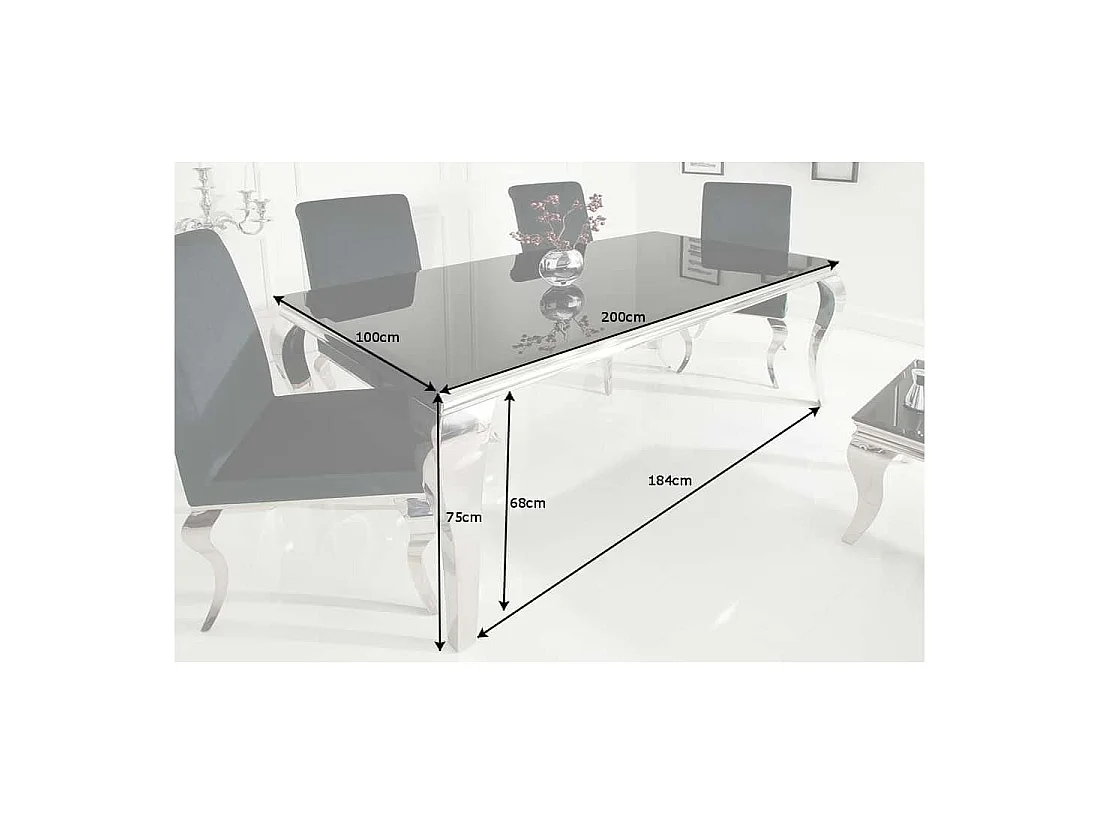 Eettafel VELENA - Gepolijst staal en zwart glas - 200 cm - Moderne barokstijl