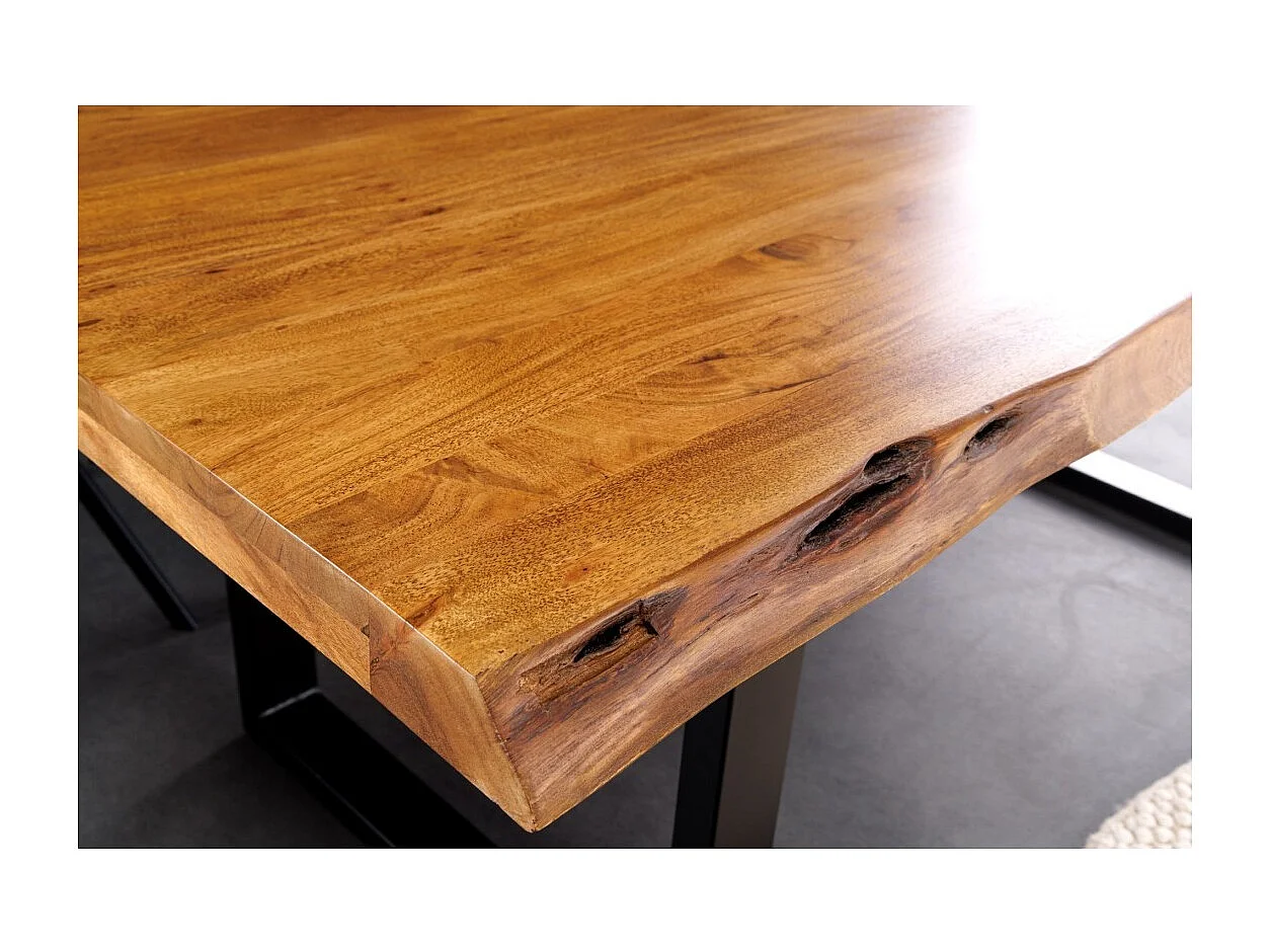 Table de salle à manger ARKAYA – Bois massif d'acacia verni et métal noir – 200 cm – Pied en U