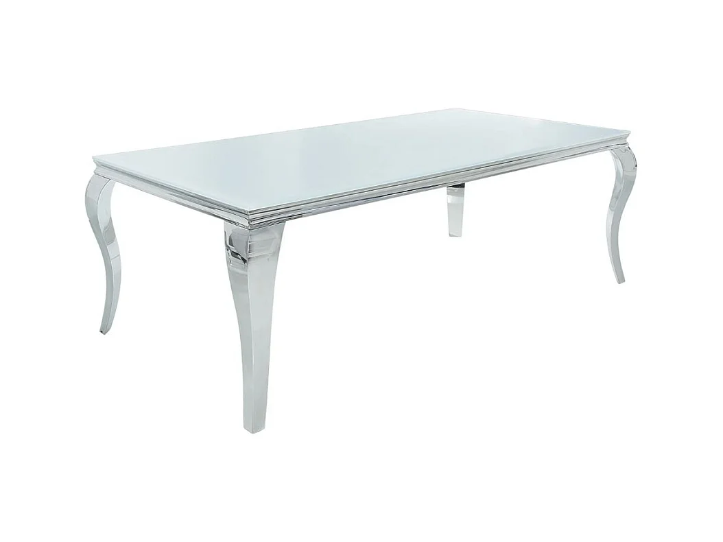 Table de salle à manger VELENA – Acier argenté et verre opale – 180 cm – Style baroque moderne
