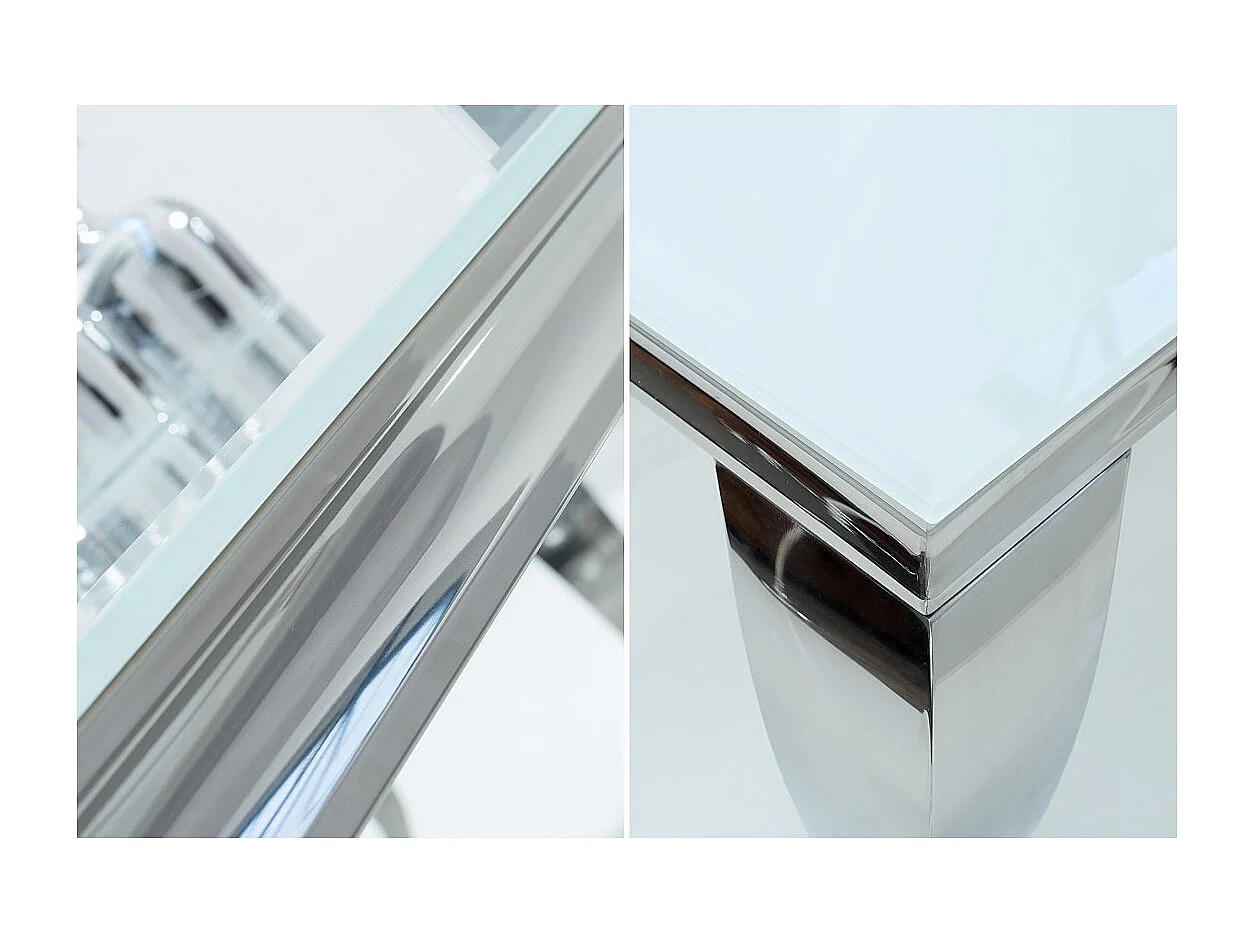 Table de salle à manger VELENA – Acier argenté et verre opale – 180 cm – Style baroque moderne