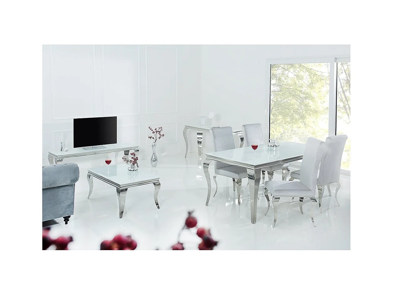 Table de salle à manger VELENA – Acier argenté et verre opale – 180 cm – Style baroque moderne