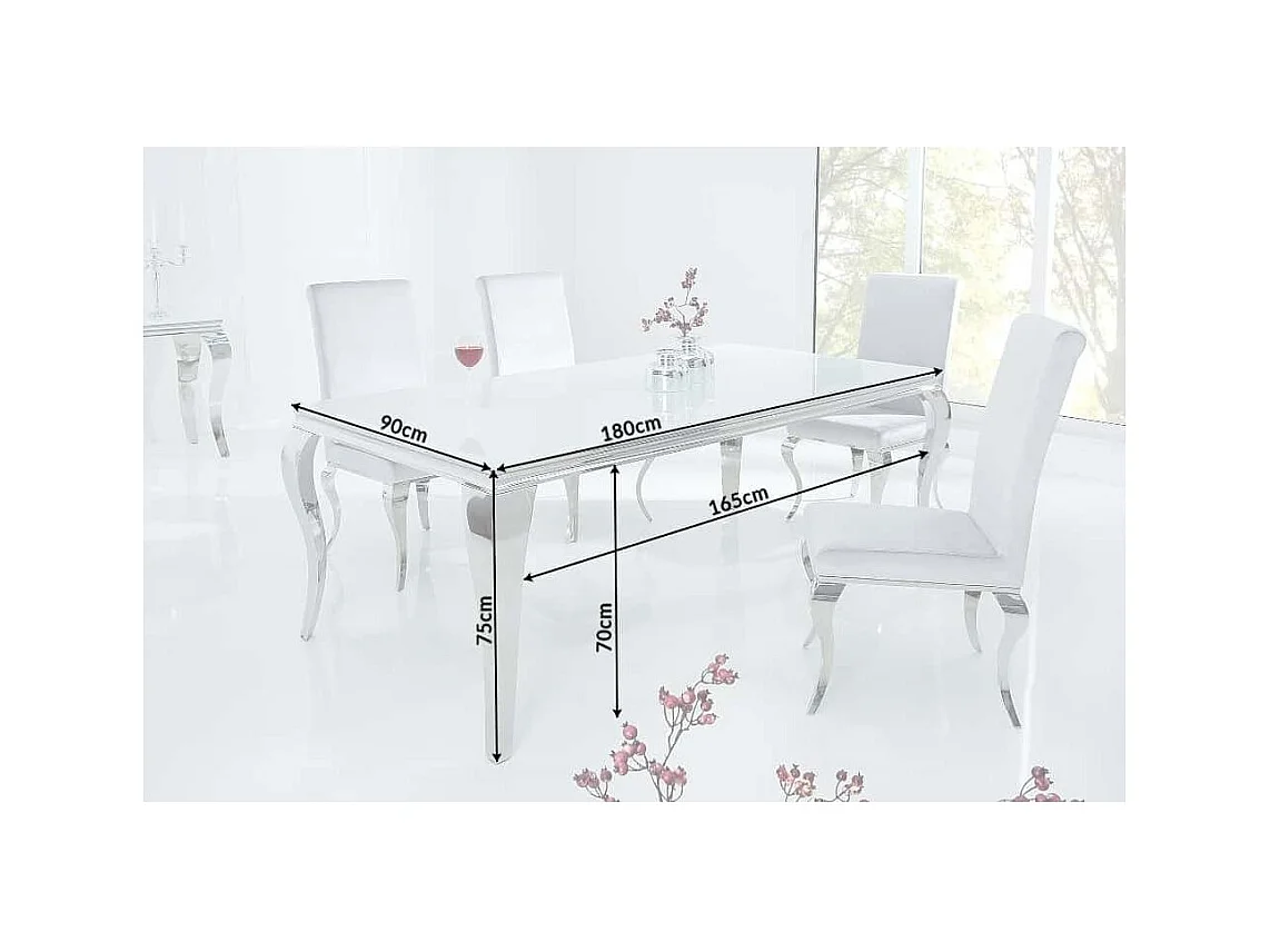 Table de salle à manger VELENA – Acier argenté et verre opale – 180 cm – Style baroque moderne