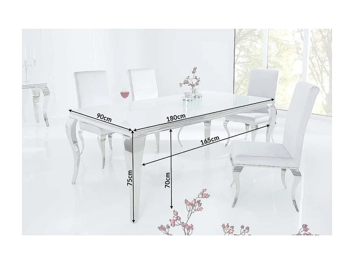 Table de salle à manger VELENA – Acier argenté et verre opale – 180 cm – Style baroque moderne