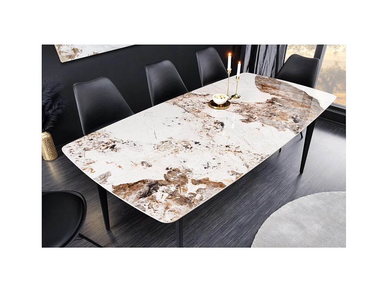 Table de salle à manger HEXA – Céramique aspect pierre et métal noir – 160 cm – Style contemporain