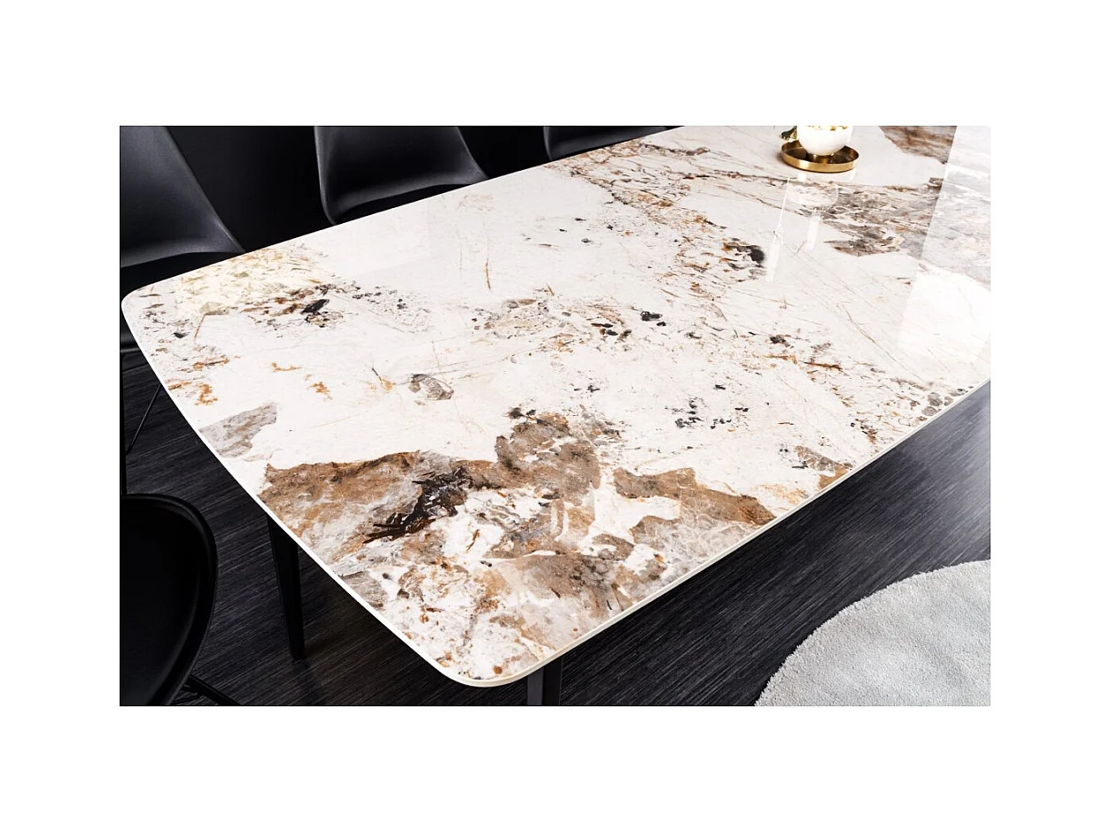 Table de salle à manger HEXA – Céramique aspect pierre et métal noir – 160 cm – Style contemporain