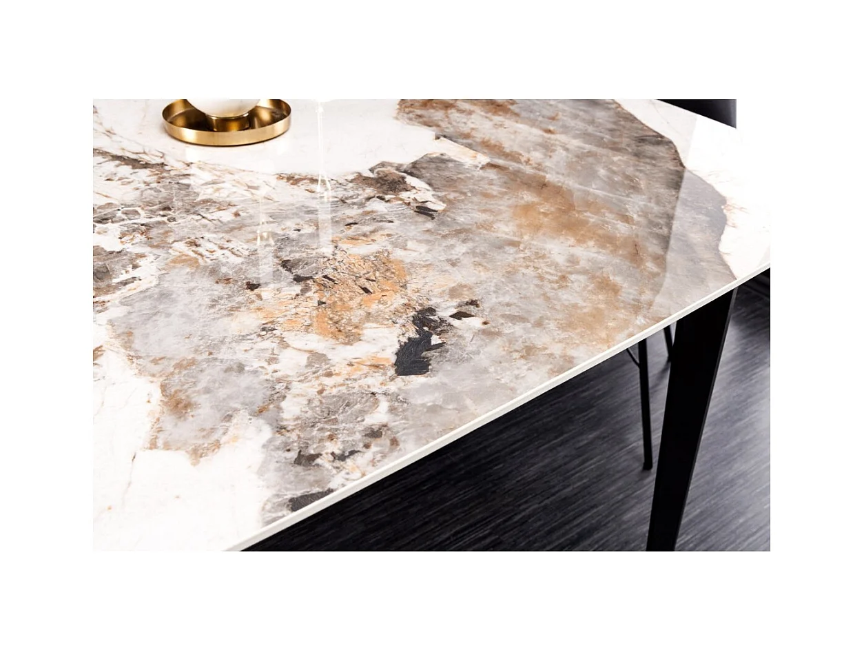 Table de salle à manger HEXA – Céramique aspect pierre et métal noir – 160 cm – Style contemporain