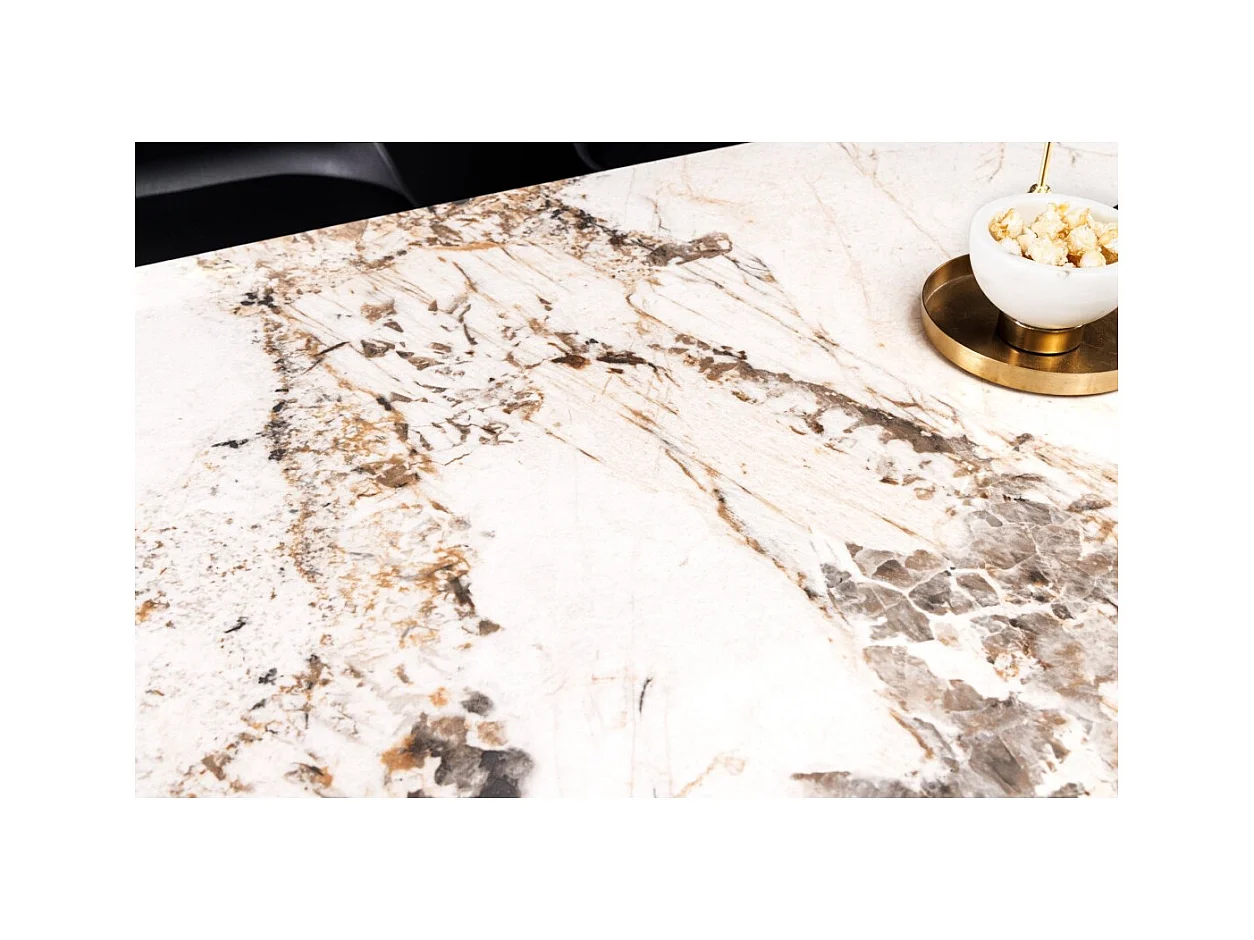 Table de salle à manger HEXA – Céramique aspect pierre et métal noir – 160 cm – Style contemporain