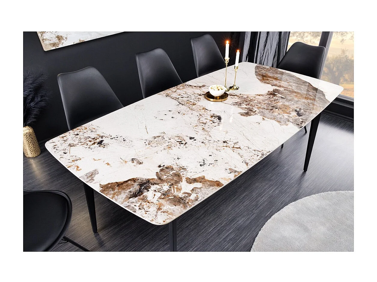 Table de salle à manger HEXA – Céramique aspect pierre et métal noir – 160 cm – Style contemporain