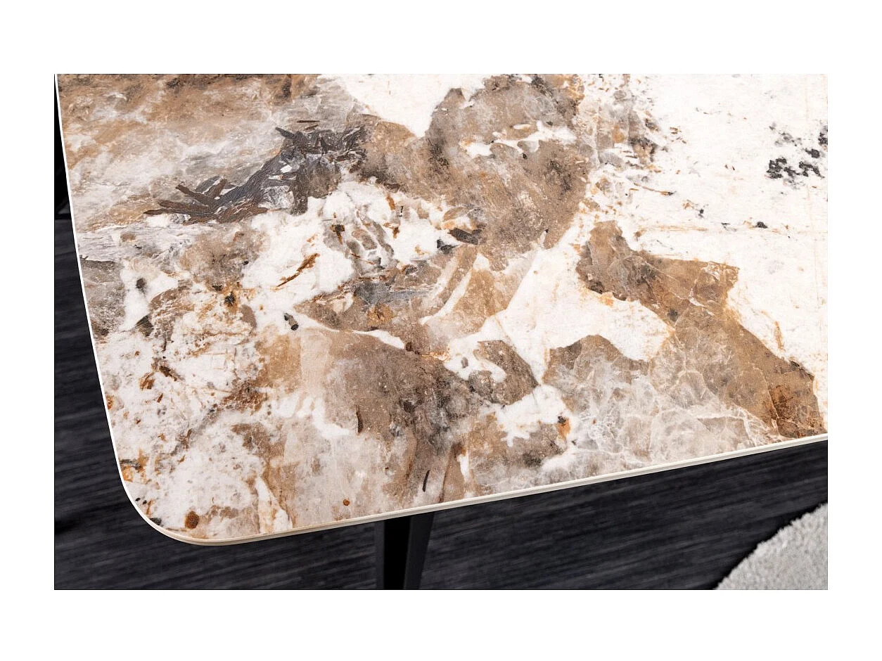 Table de salle à manger HEXA – Céramique aspect pierre et métal noir – 160 cm – Style contemporain