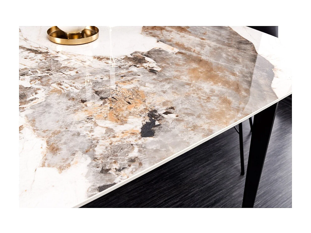 Table de salle à manger HEXA – Céramique aspect pierre et métal noir – 160 cm – Style contemporain