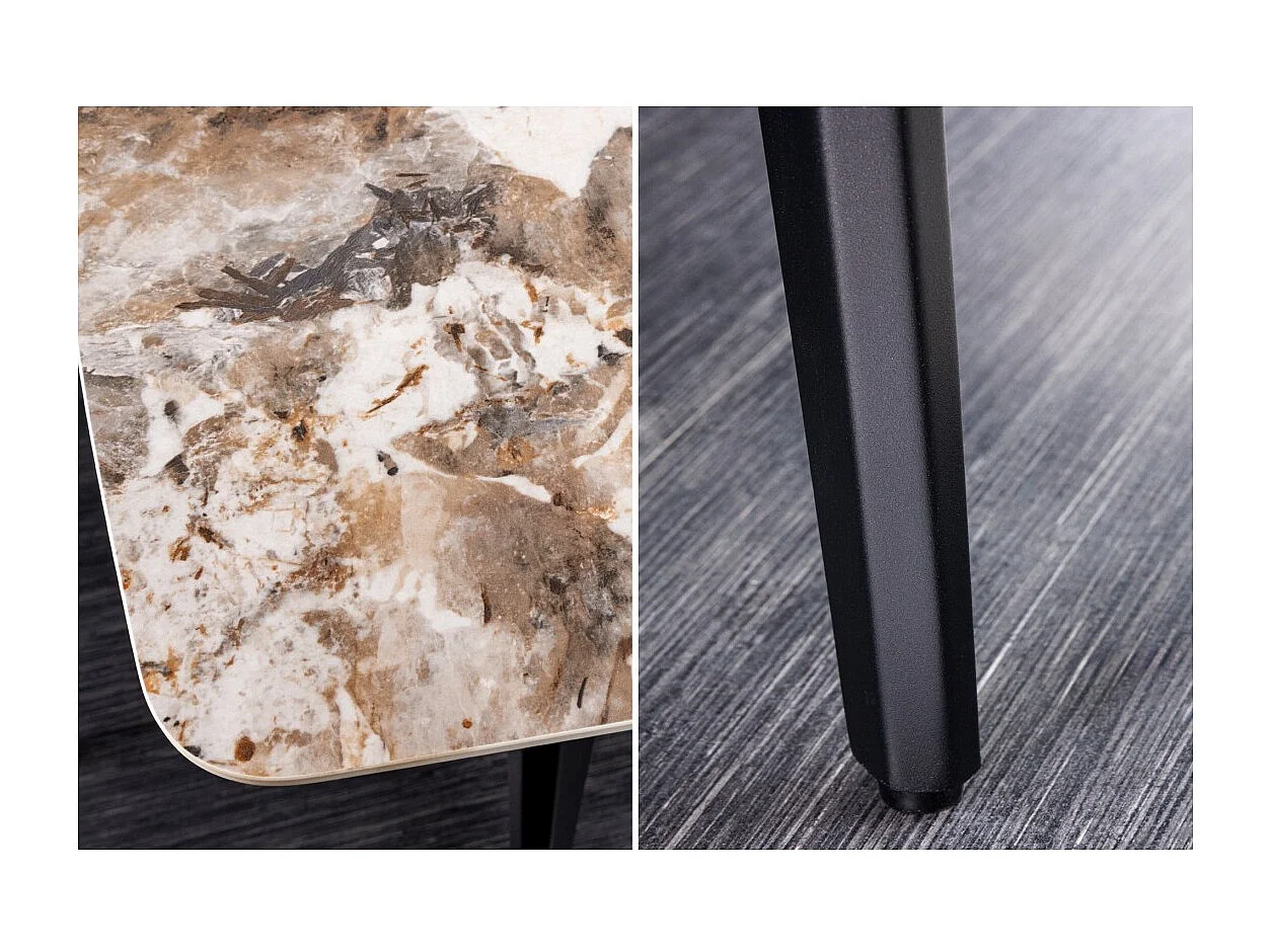 Table de salle à manger HEXA – Céramique aspect pierre et métal noir – 160 cm – Style contemporain