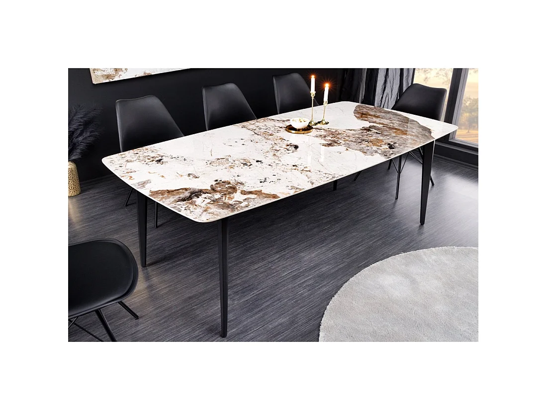 Tavolo da pranzo HEXA – Ceramica effetto pietra e metallo nero – 160 cm – Stile contemporaneo