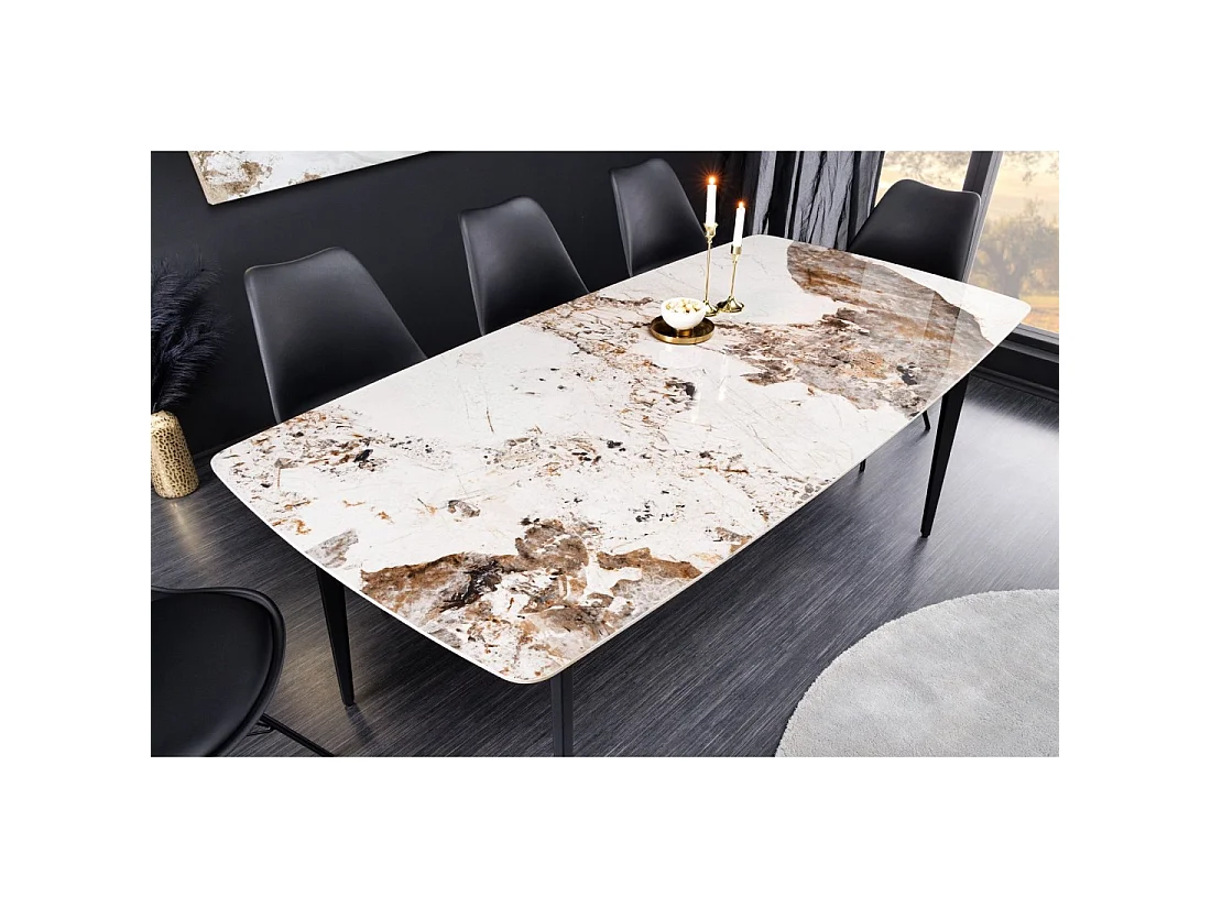 Tavolo da pranzo HEXA – Ceramica effetto pietra e metallo nero – 160 cm – Stile contemporaneo