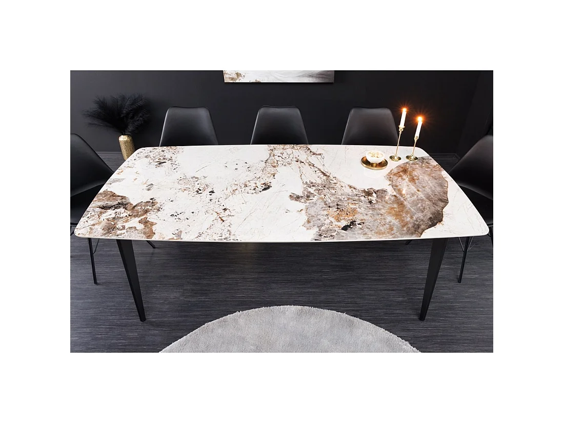 Tavolo da pranzo HEXA – Ceramica effetto pietra e metallo nero – 160 cm – Stile contemporaneo