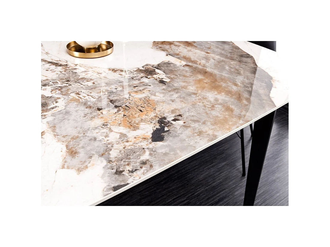 Tavolo da pranzo HEXA – Ceramica effetto pietra e metallo nero – 160 cm – Stile contemporaneo