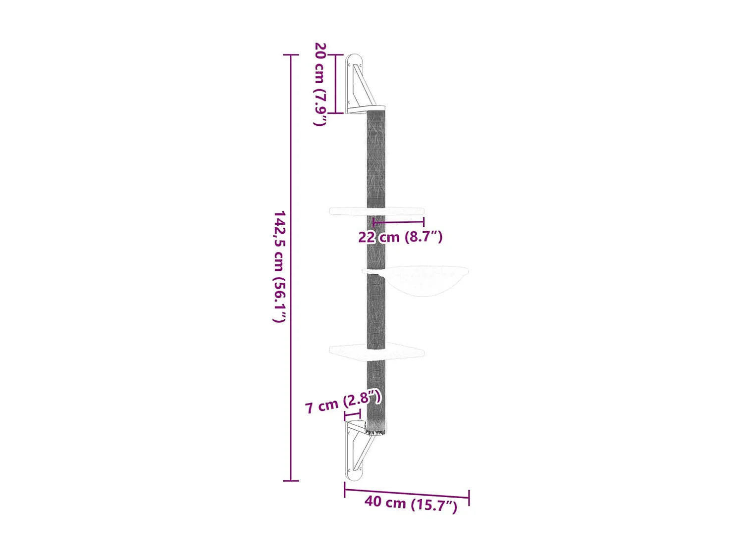 Wand-Katzenbaum Hellgrau 142,5 cm mit Kratzbaum und Plattformen - Für Spielende und Kletternde Katzen