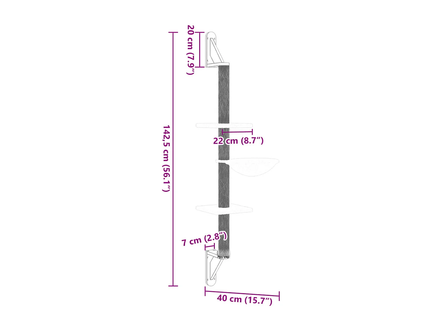 Dunkelgrauer Wand-Katzenbaum 142,5 cm mit Kratzbaum und Plattformen