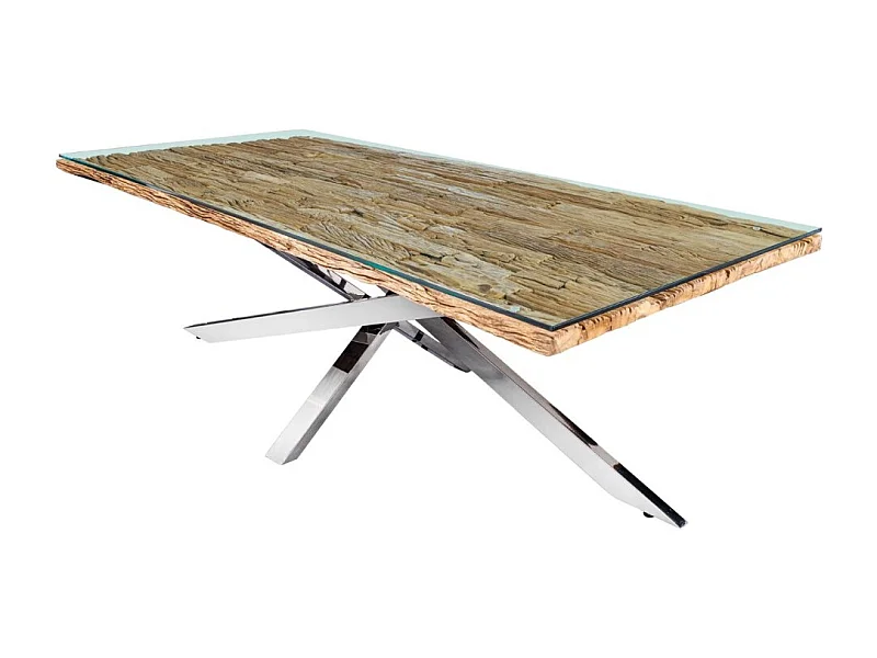 Table de salle à manger RAFTA – Bois massif et verre trempé – 220 cm – Style moderne