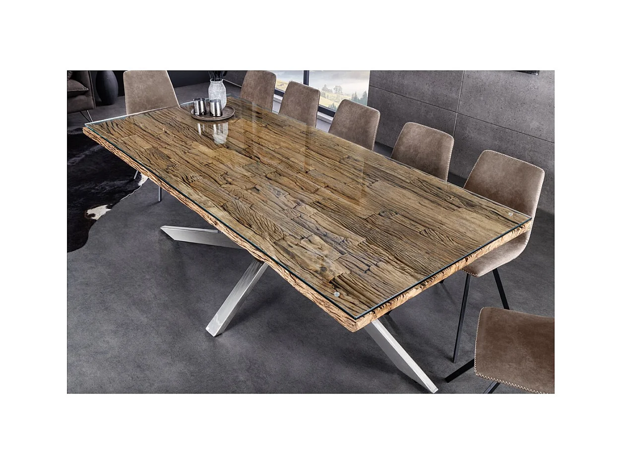 Table de salle à manger RAFTA – Bois massif et verre trempé – 220 cm – Style moderne