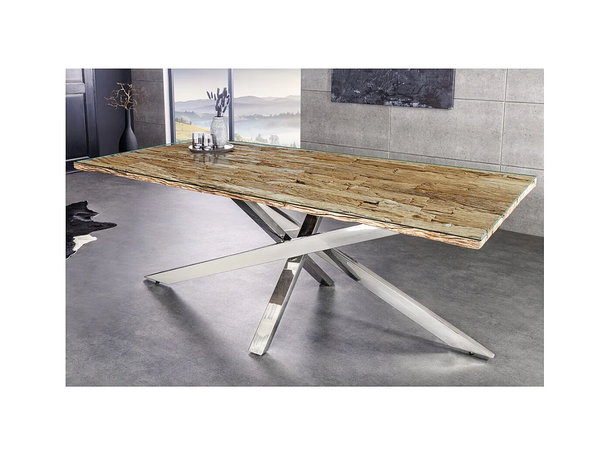 Table de salle à manger RAFTA – Bois massif et verre trempé – 220 cm – Style moderne