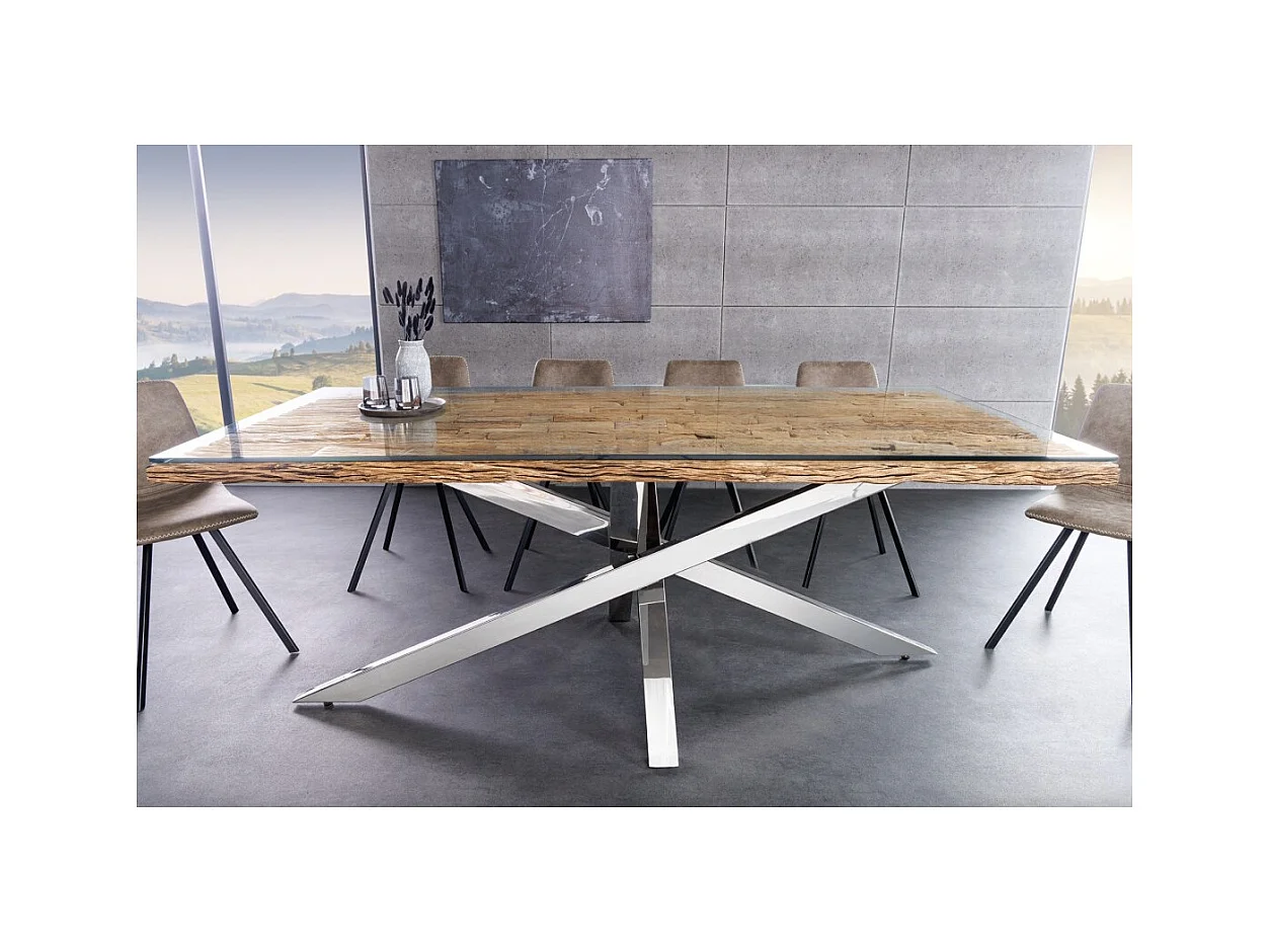 Table de salle à manger RAFTA – Bois massif et verre trempé – 220 cm – Style moderne