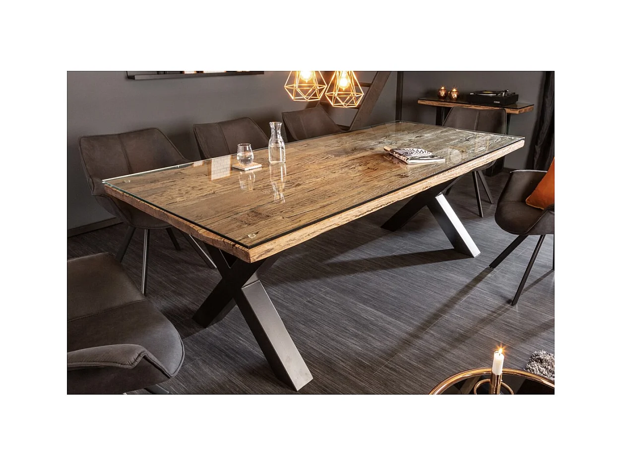 Table de salle à manger RAFTA – Bois massif et verre trempé – 220 cm – Style moderne
