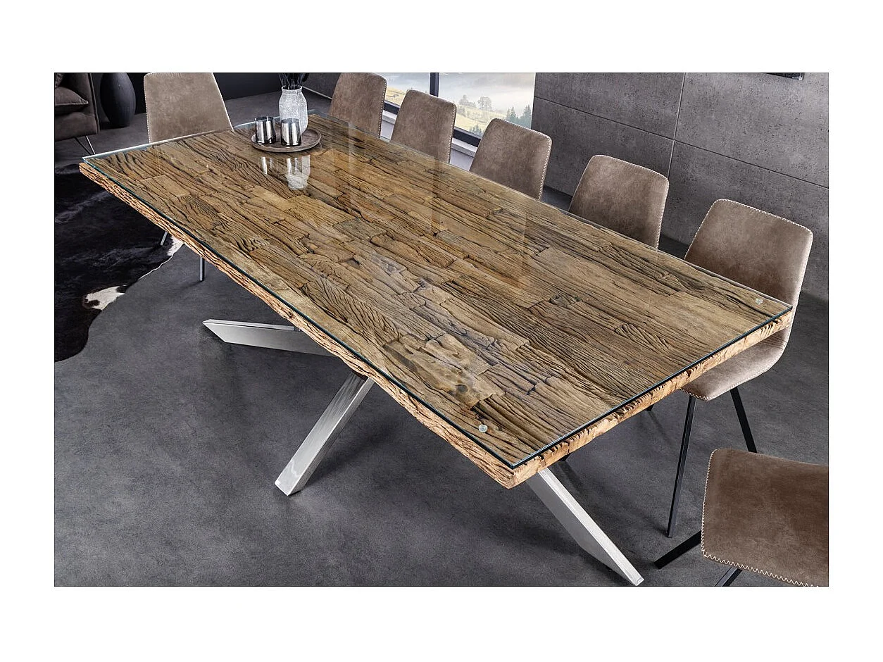 Table de salle à manger RAFTA – Bois massif et verre trempé – 220 cm – Style moderne