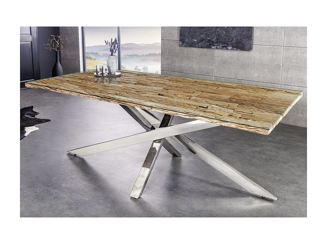 Table de salle à manger RAFTA – Bois massif et verre trempé – 220 cm – Style moderne