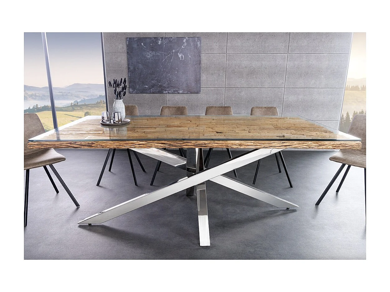 Table de salle à manger RAFTA – Bois massif et verre trempé – 220 cm – Style moderne