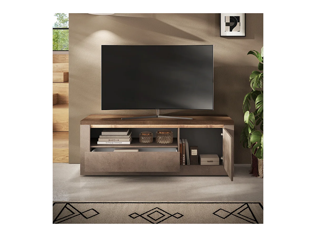 Meuble TV 1 porte, 1 tiroir et 1 niche effet bronze et mercure L160 cm - ISCHIA