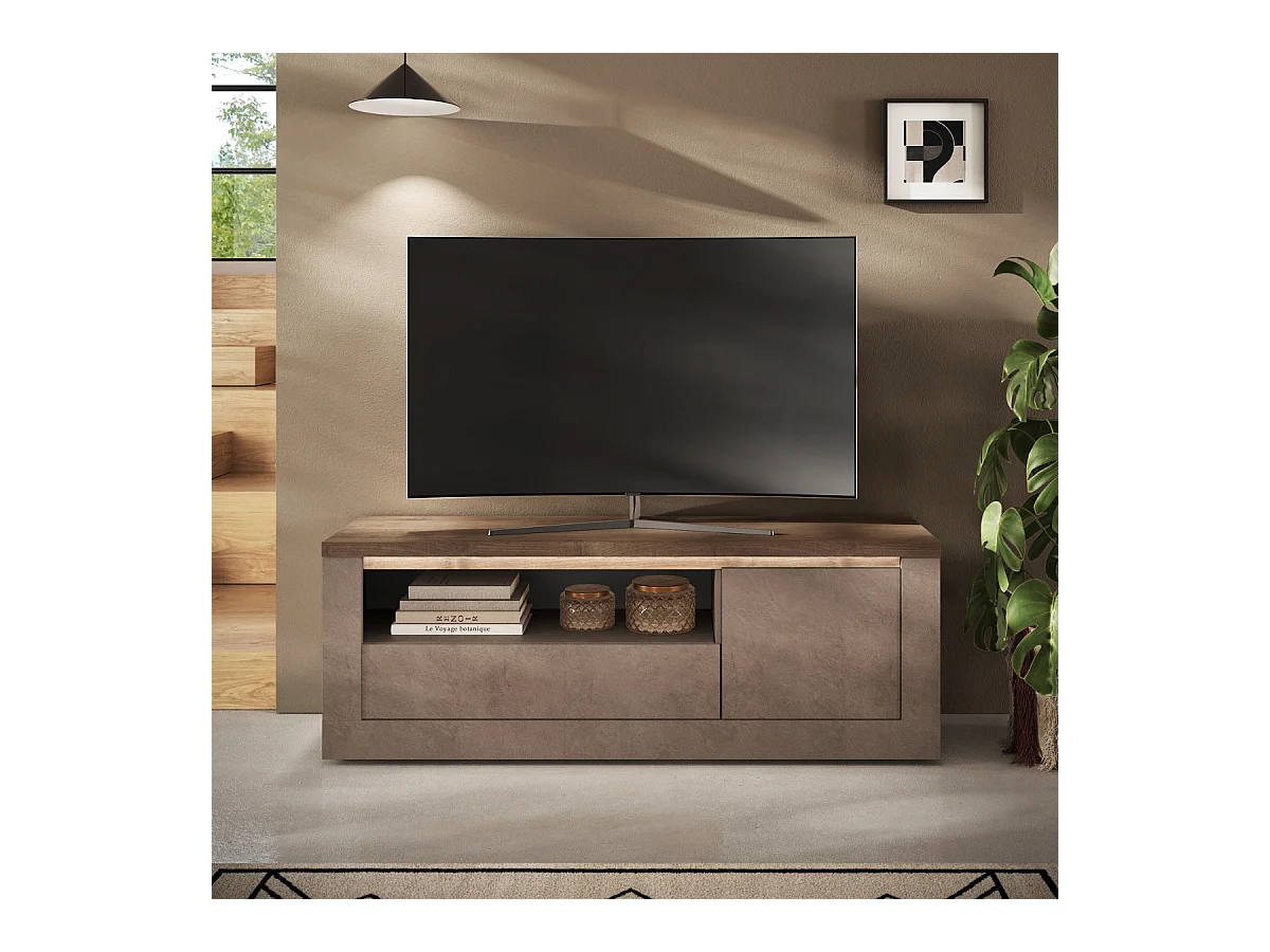 Meuble TV 1 porte, 1 tiroir et 1 niche effet bronze et mercure L160 cm - ISCHIA