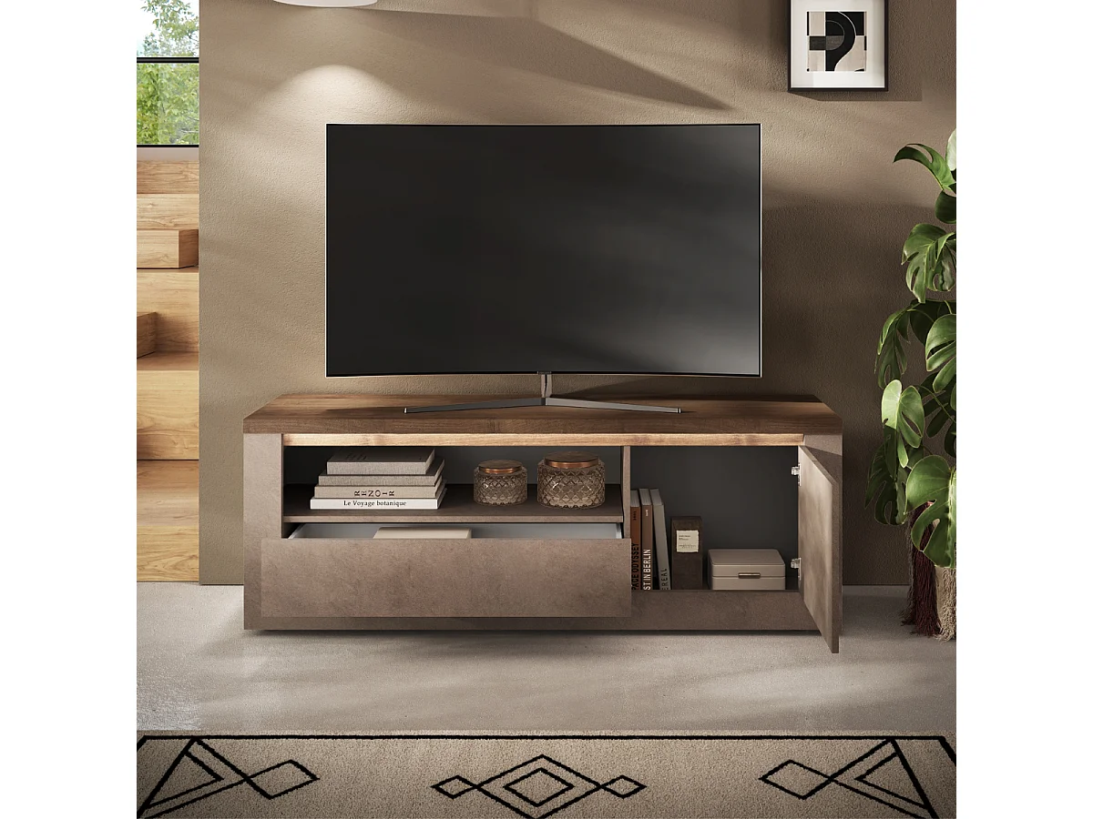 Mobile porta TV con 1 anta, 1 cassetto e 1 nicchia, effetto bronzo e mercurio, L160 cm - ISCHIA