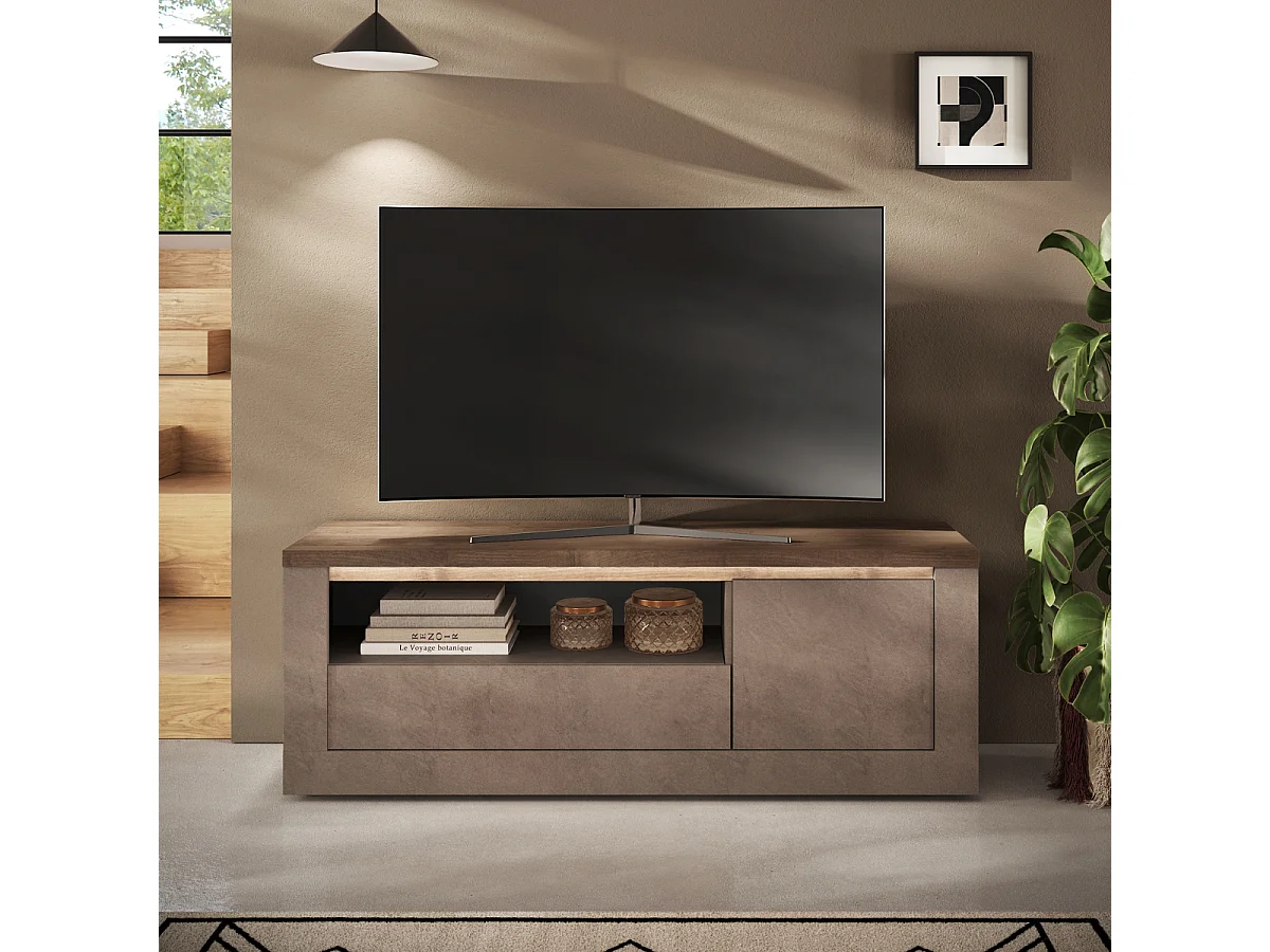 Mobile porta TV con 1 anta, 1 cassetto e 1 nicchia, effetto bronzo e mercurio, L160 cm - ISCHIA