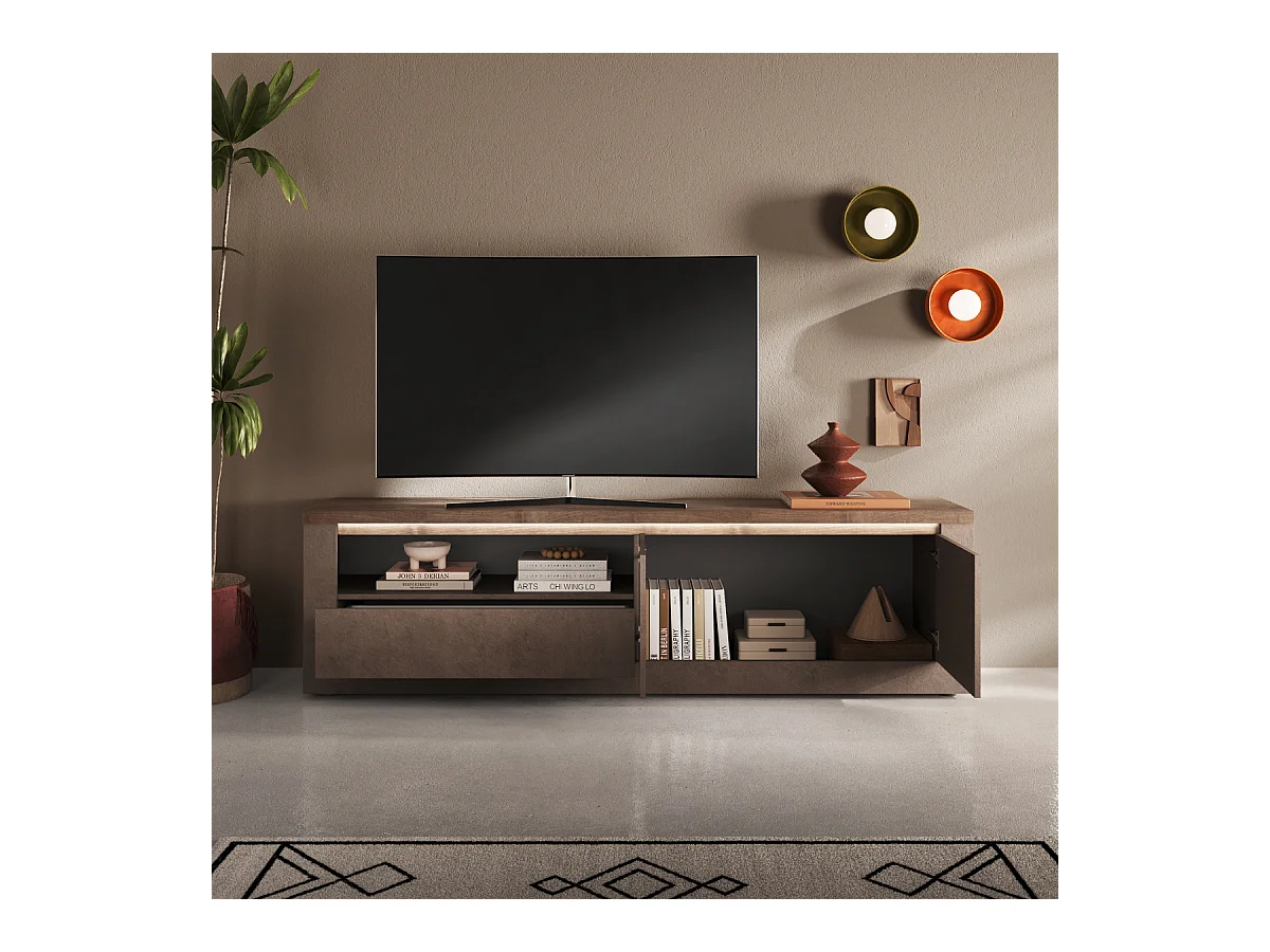 Meuble TV 2 portes, 1 tiroir et 1 niche effet bronze et mercure L207 cm - ISCHIA