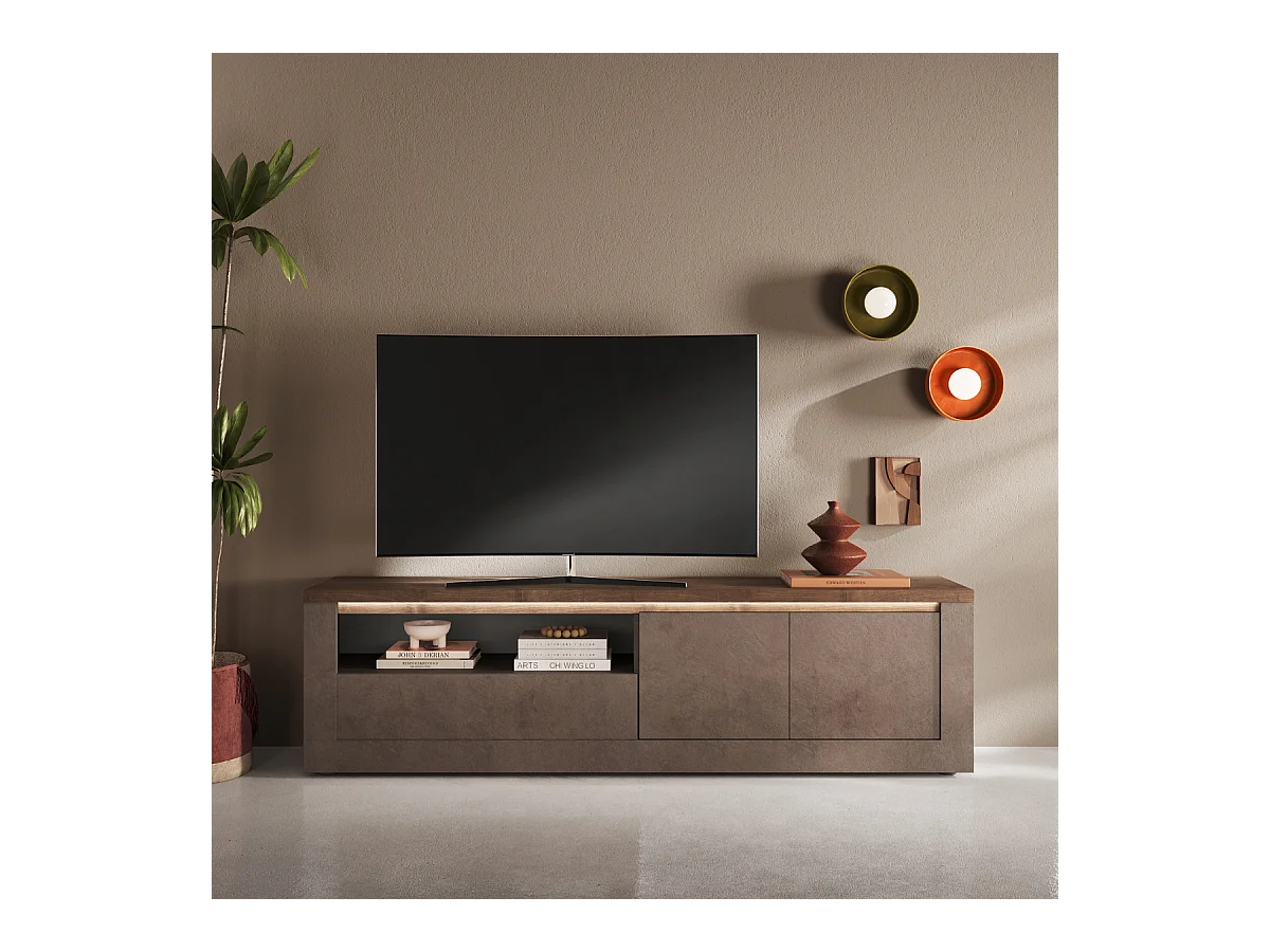 Meuble TV 2 portes, 1 tiroir et 1 niche effet bronze et mercure L207 cm - ISCHIA