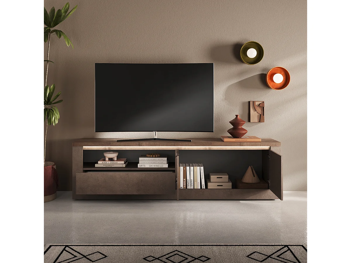 Mobile porta TV con 2 ante, 1 cassetto e 1 nicchia, effetto bronzo e mercurio, L207 cm - ISCHIA