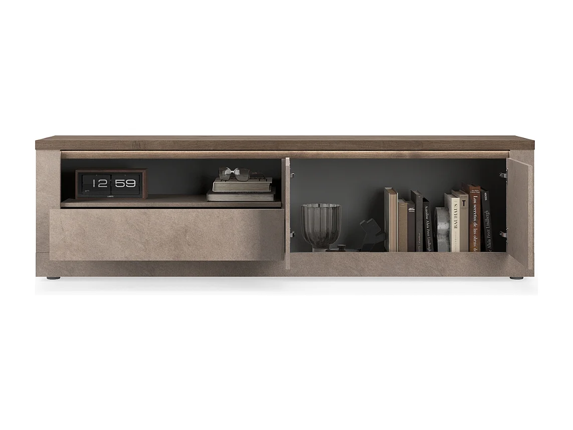 Mobile porta TV con 2 ante, 1 cassetto e 1 nicchia, effetto bronzo e mercurio, L207 cm - ISCHIA