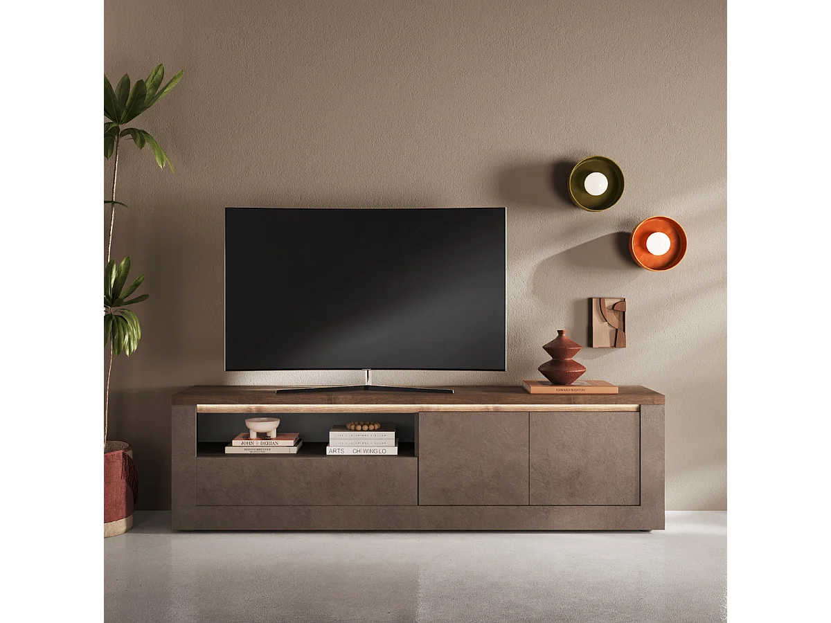 Mobile porta TV con 2 ante, 1 cassetto e 1 nicchia, effetto bronzo e mercurio, L207 cm - ISCHIA