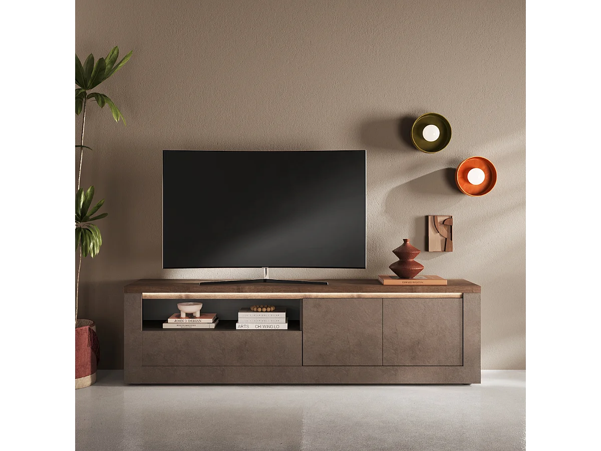 Mobile porta TV con 2 ante, 1 cassetto e 1 nicchia, effetto bronzo e mercurio, L207 cm - ISCHIA