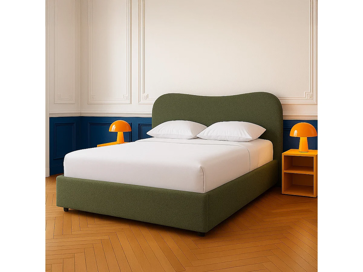 Lit coffre adulte 140x190 cm avec tête de lit matelassée en tissu bouclé vert - Suzon