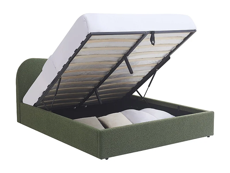 Lit coffre adulte 140x190 cm avec tête de lit matelassée en tissu bouclé vert - Suzon