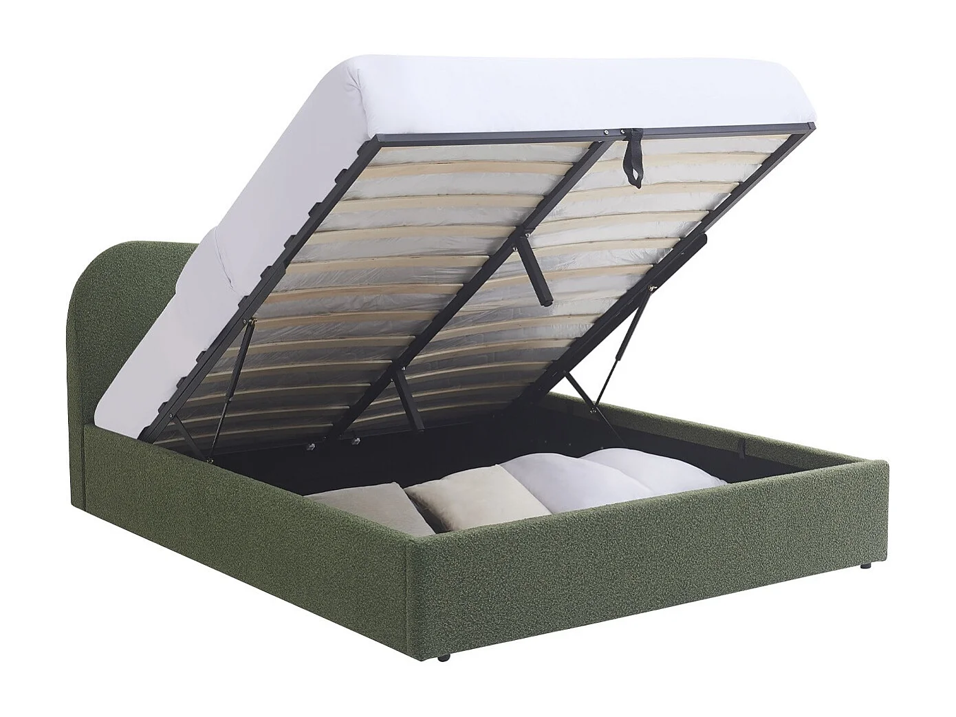 Lit coffre adulte 180x200 cm avec tête de lit matelassée en tissu bouclé vert - Suzon