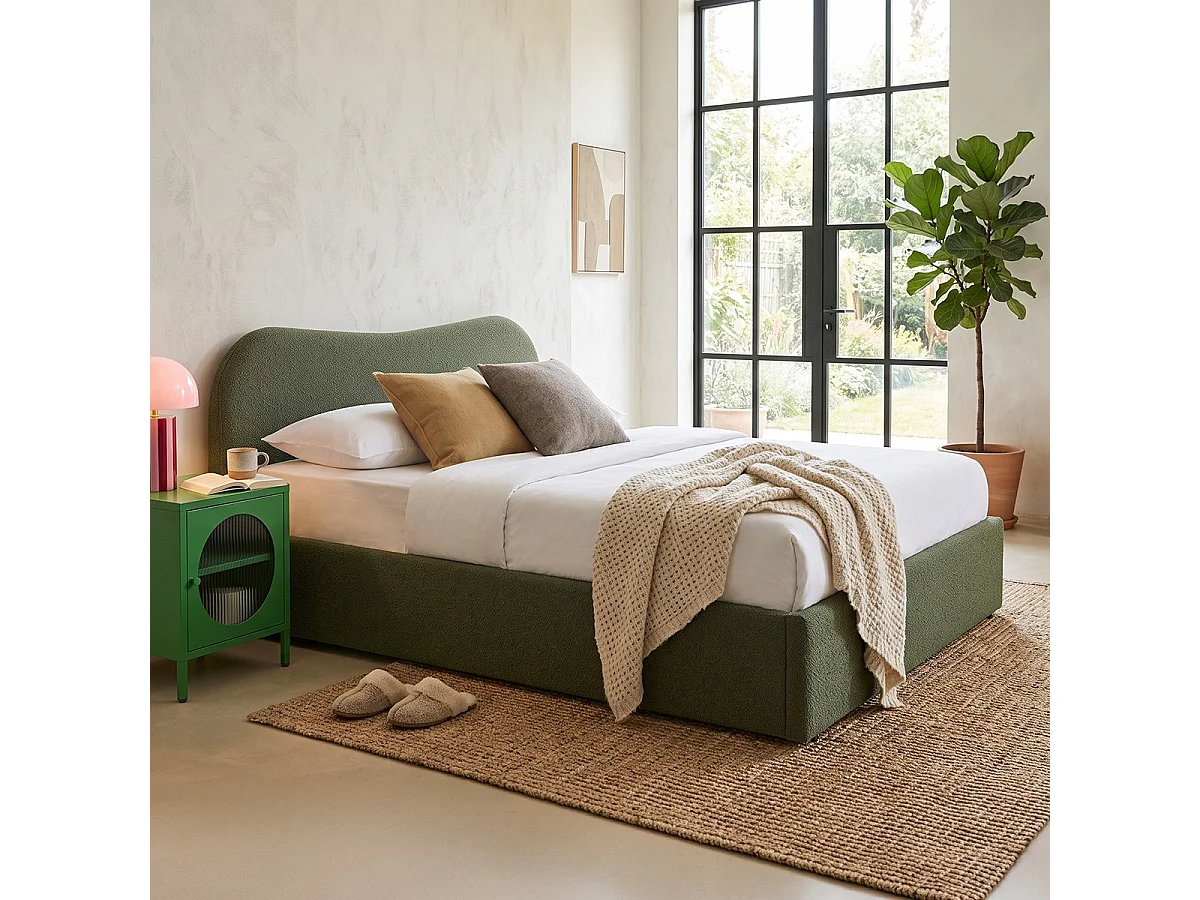 Lit coffre adulte 180x200 cm avec tête de lit matelassée en tissu bouclé vert - Suzon