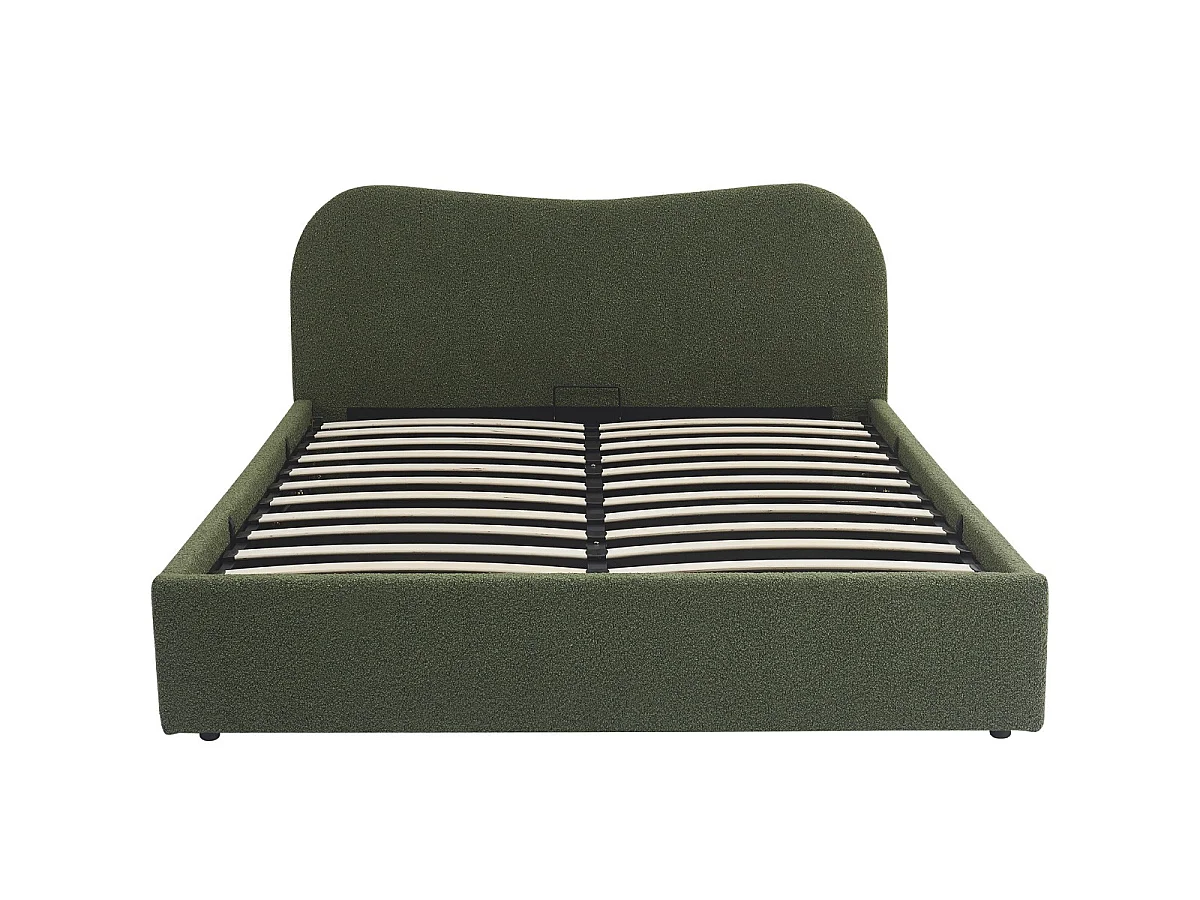 Lit coffre adulte 180x200 cm avec tête de lit matelassée en tissu bouclé vert - Suzon