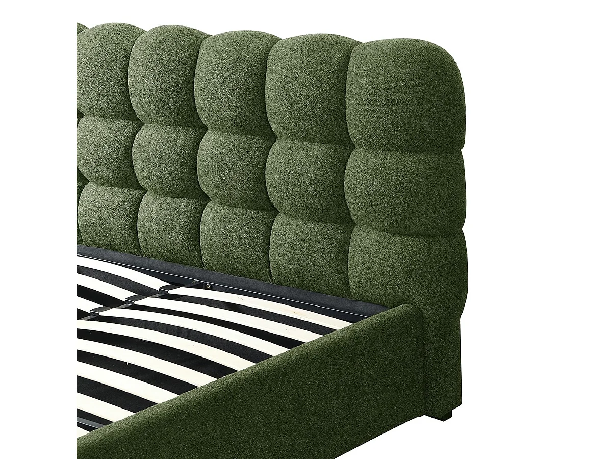 Lit coffre adulte 180x200 cm avec sommier et tête de lit capitonnée en tissu bouclé vert - Lola
