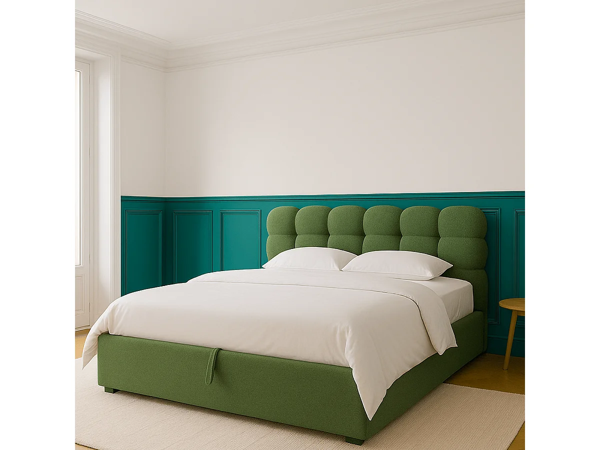 Lit coffre adulte 180x200 cm avec sommier et tête de lit capitonnée en tissu bouclé vert - Lola