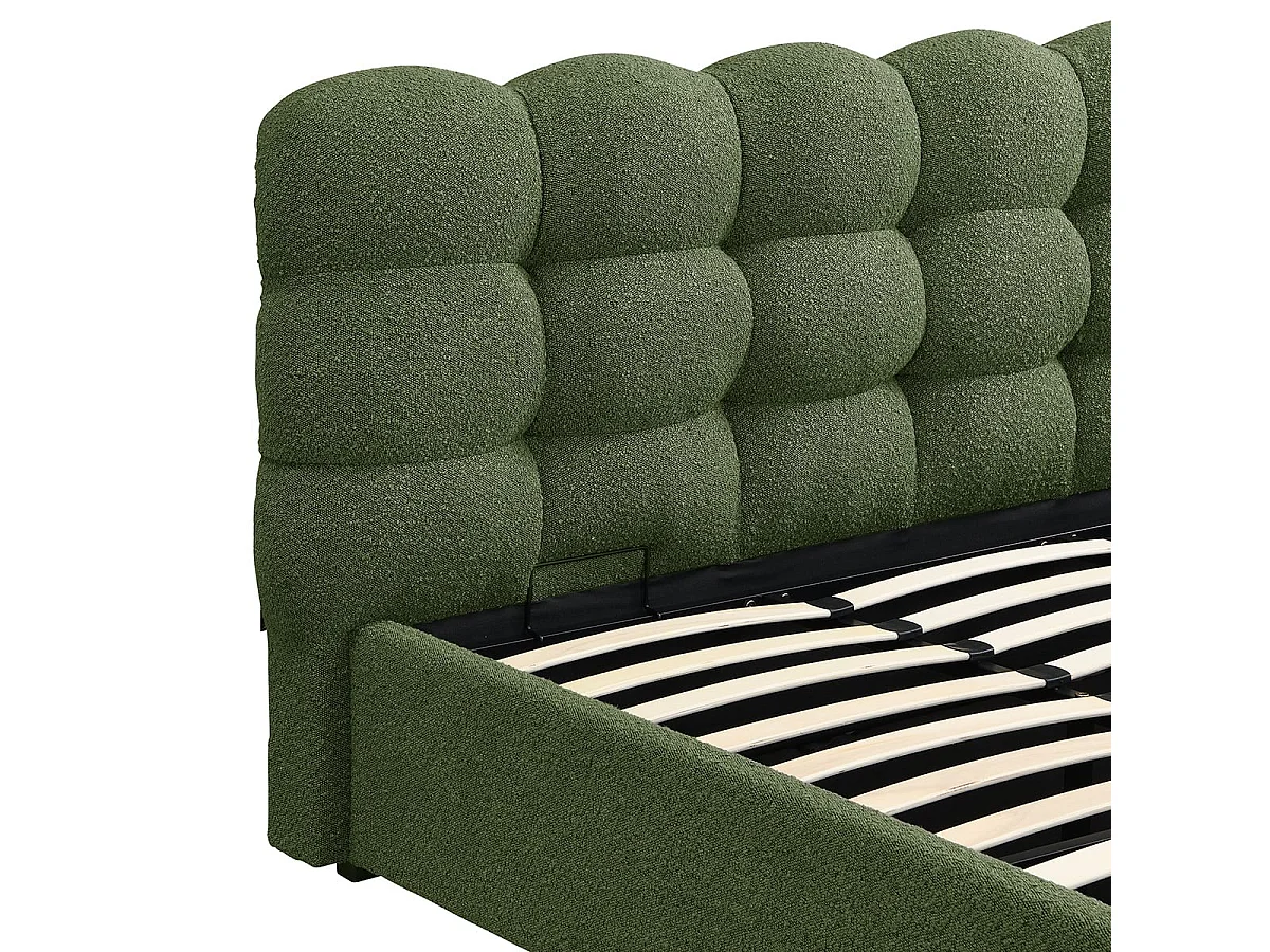 Lit coffre adulte 180x200 cm avec sommier et tête de lit capitonnée en tissu bouclé vert - Lola